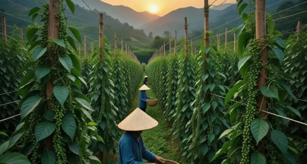 Kỹ Thuật Trồng Tiêu: Kinh Nghiệm Thực Tế Trồng Và Chăm Sóc Cây Hồ Tiêu 2026 Vườn tiêu trồng trên trụ gỗ tại Đắk Lắk - kỹ thuật trồng tiêu bền vững