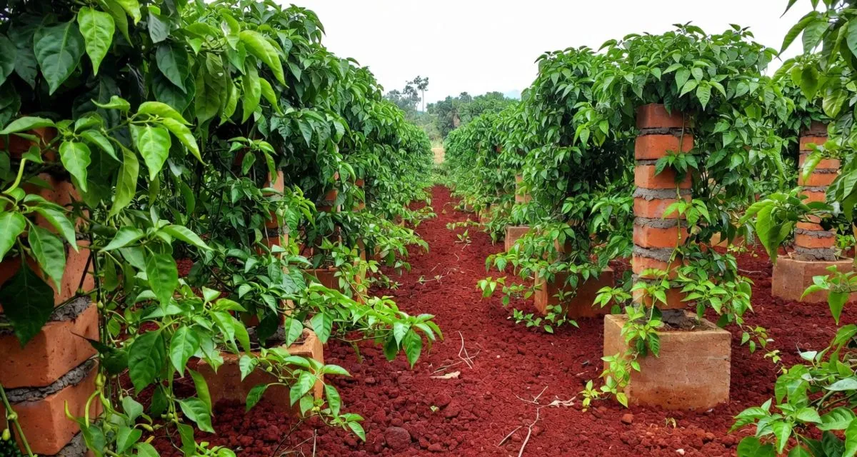 Kỹ Thuật Trồng Tiêu: Kinh Nghiệm Thực Tế Trồng Và Chăm Sóc Cây Hồ Tiêu 2026 vườn tiêu trồng trụ gạch trên đất bazan theo kỹ thuật trồng tiêu bền vững ở việt nam