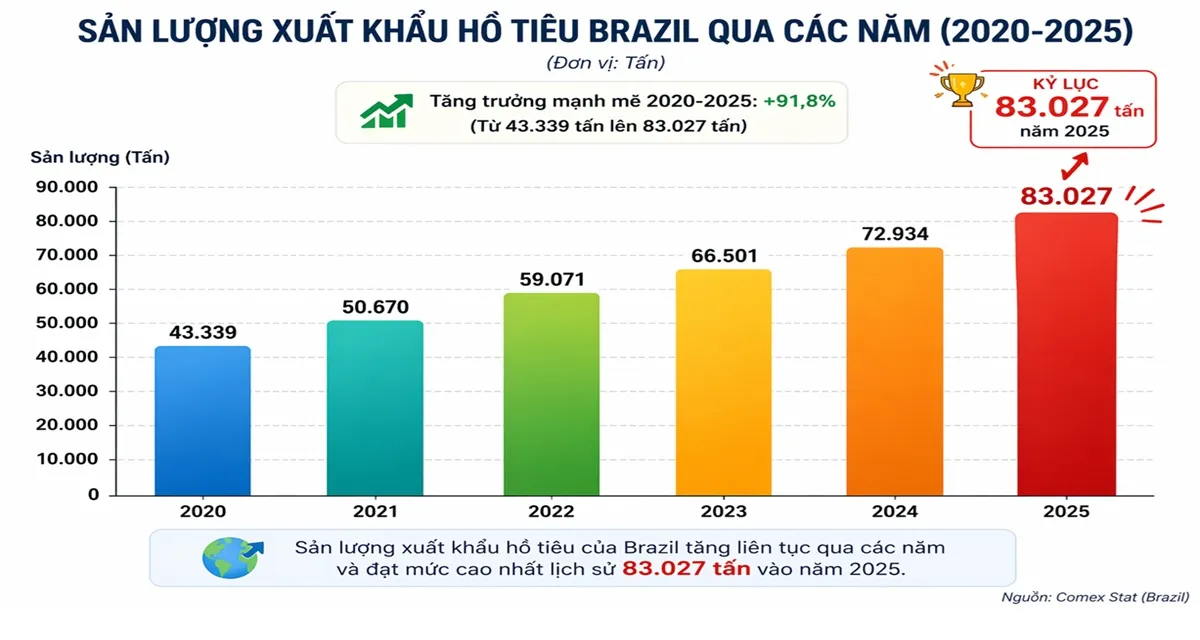 Biểu đồ xuất khẩu hồ tiêu Brazil 2025
