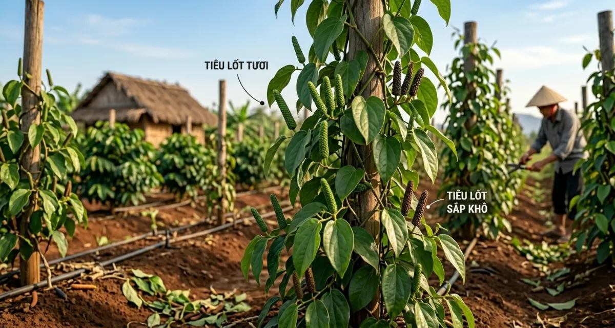 Cây tiêu lốt với thân leo, lá hình tim và bông quả đang phát triển trong tự nhiên