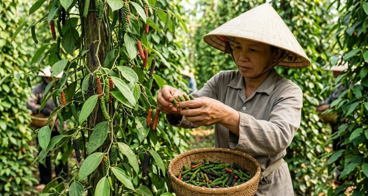 thu hoạch tiêu lốt trong vườn